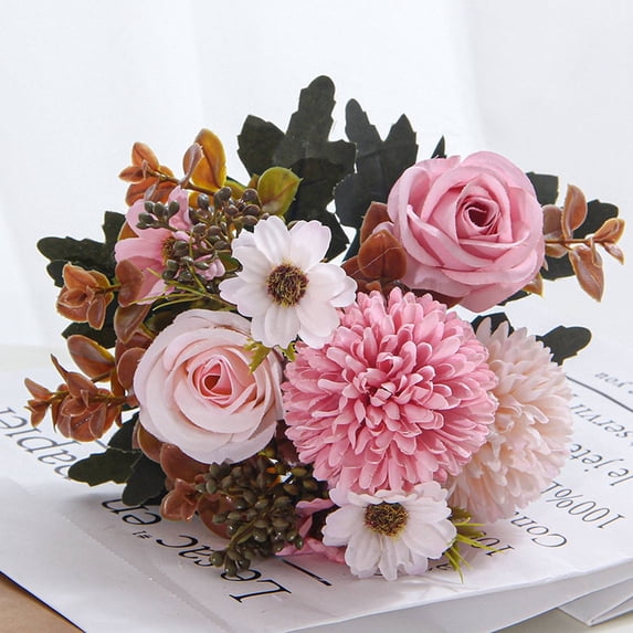 Pink Artificial Fall Flowers Bouquet – Silk Roses & Hydrangeas Arrangement, 12.2in Romantic Floral Centerpiece for Home, Wedding & Party Décor