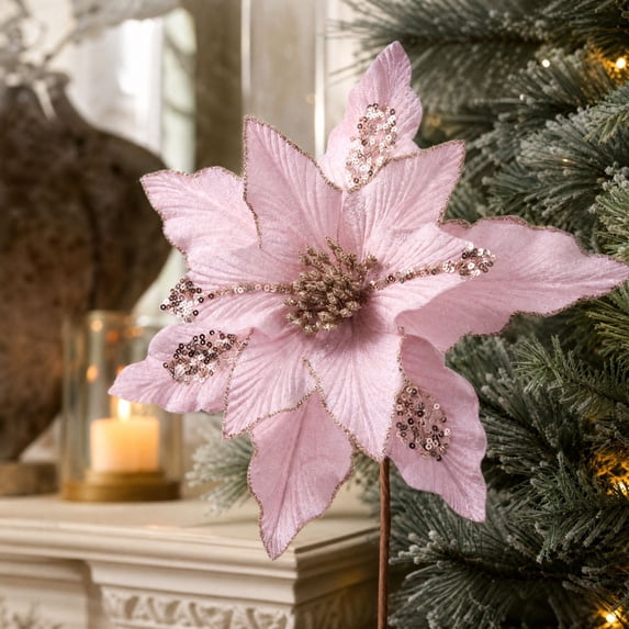 Pink Artificial Flower Christmas Ornament with Glitter Sequin Petals, Pastel Pink, for Holiday Tree and Home Display, Christmas Decoration