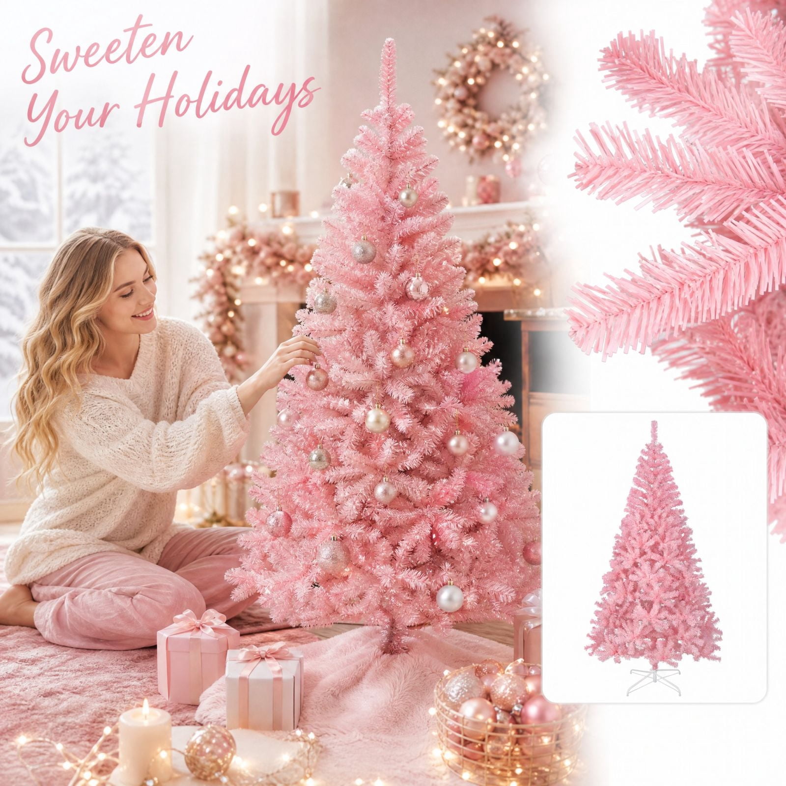 Pinkmas Tree Designs Pink Artificial PVC Christmas Tree with Metal Stand, 1.47ft Unlit Pine ...