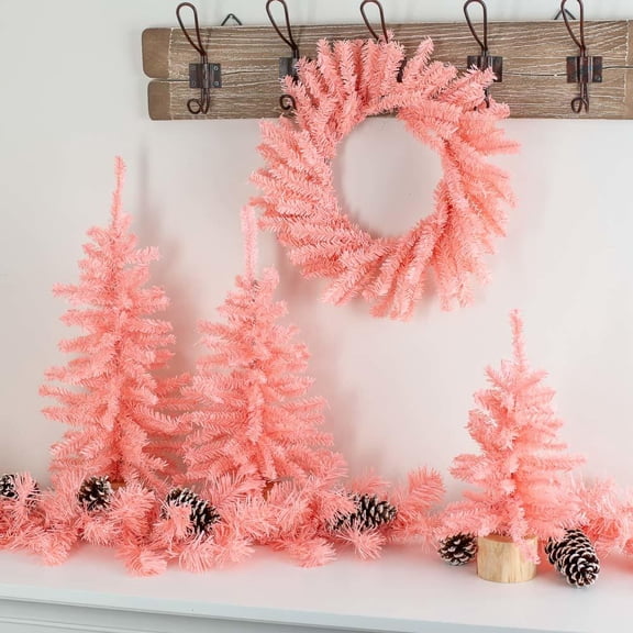 Pink Artificial Pine Trees, Wreath and Garland Set by Factory Direct Craft