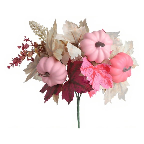 Pink Artificial Pumpkin Floral Pick, Fake Maple Leaf Pumpkin Bouquet Stems, Fall Harvest Arrangement Decor for Halloween Thanksgiving Vase Decor