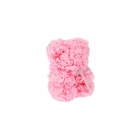 Pink Artificial Rose Bear Decorative Gift with Bow, Polyfoam Floral Design, 7.75 in