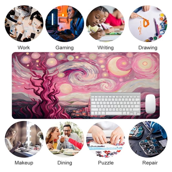 Pink Artistic Landscape Mouse Pad 31.5 x 11.82 Inches with Swirling Sky and Village Design for Desk Use