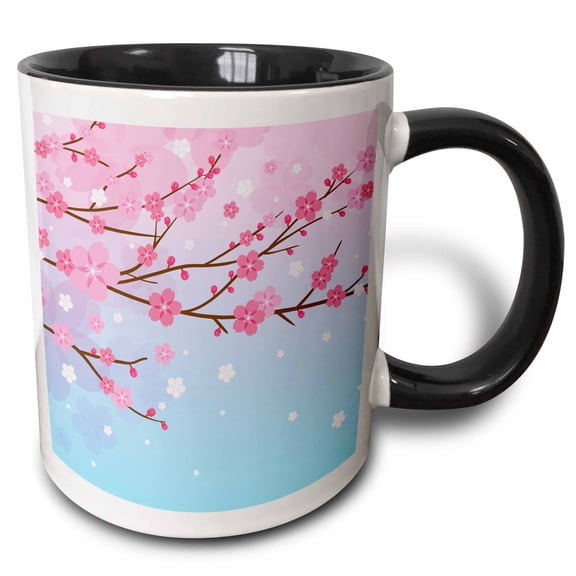3drose, Pink Asia Cherry Blossom Spring Sakura Flower Blossom, 11oz Two-tone Black Mug