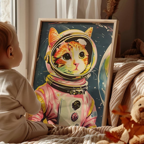 Pink Astronaut Cat Wall Art Retro Space Kitty Decor, Unframed Canvas Size 8x12