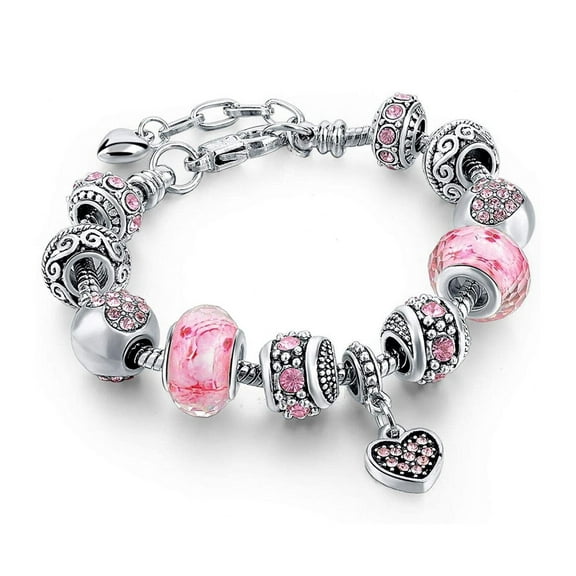 Pink Austrian Crystal And Heart Charm Bracelet