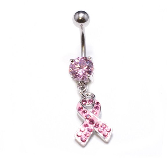 Pink Awareness Ribbon Multi Gem Dangle 316L Surgical Steel Navel Ring