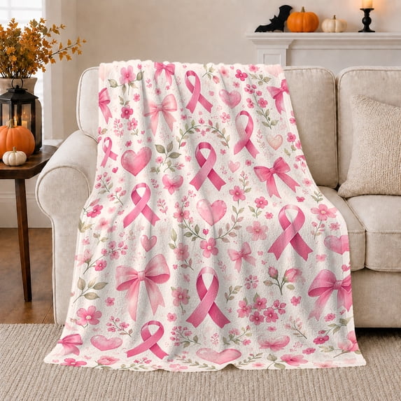 Pink Awareness Ribbons Bows Floral Motif, Cozy Botanical Garden Scene, Warm Flannel Blanket for Sunroom and Reading Nook, Garden Lovers Valentine's Day Gift, Artistic Home Decor