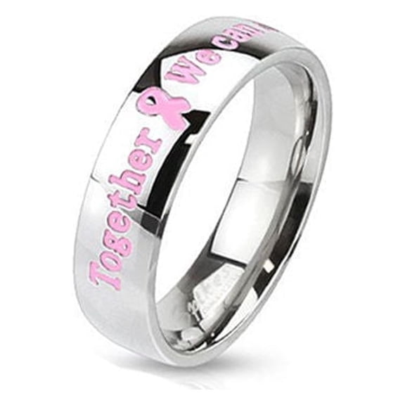 Pink Awareness Stainless Steel Dome Band Ring With Epoxy Letters