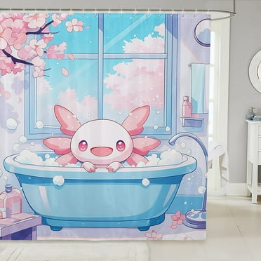 Pink Axolotl Bathroom Shower Curtain Sets,Cartoon Salamander Cute 72" W X 72" Lfabric Shower Curtain,Cherry Blossoms Floral Decoration Shower Curtain Coastal Animals Bath Curtain