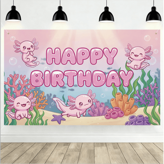 Pink Axolotl Birthday Backdrop, Axolotl Party Decorations Banners, Animal Background for Kids, Under the Sea Birthday Photo Booth Props Party Supplies