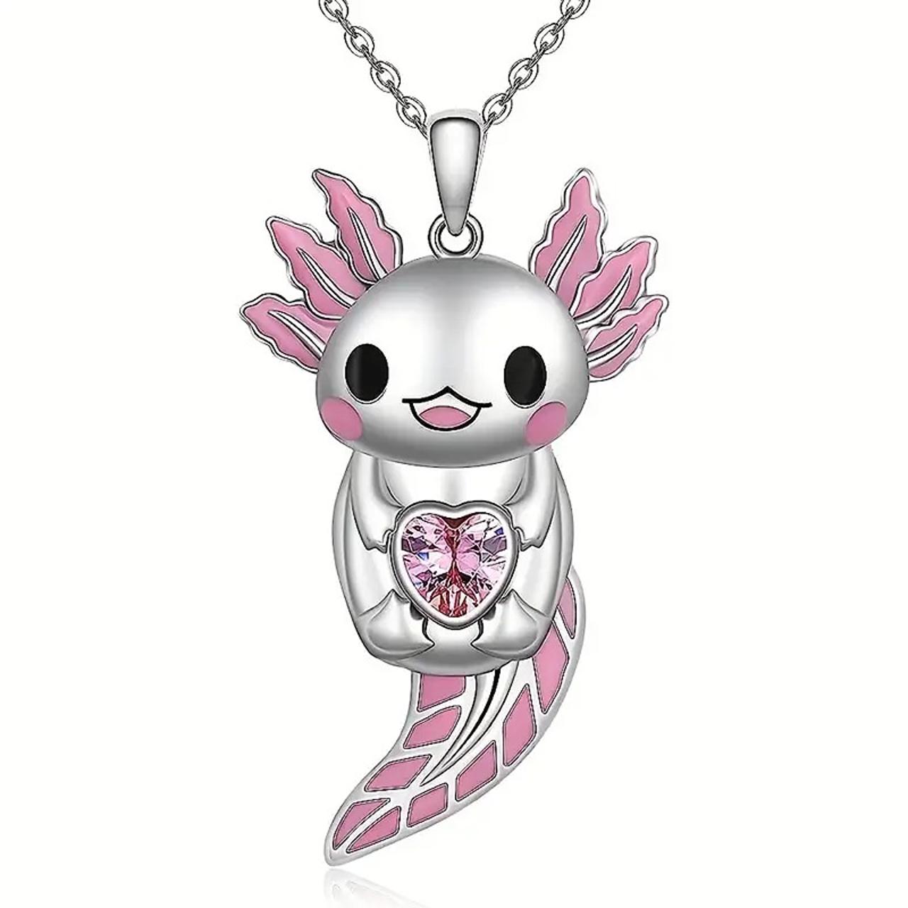 Pink Axolotl Heart Pendant Necklace, Kawaii Amphibian Silver Chain ...