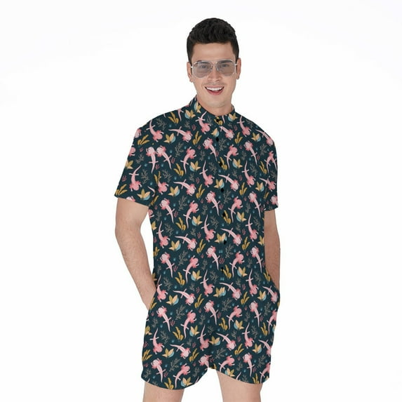 Pink Axolotl Pattern Short Sleeve Men'S Rompers, Axolotl Casual Summer Jumpsuits Outfit