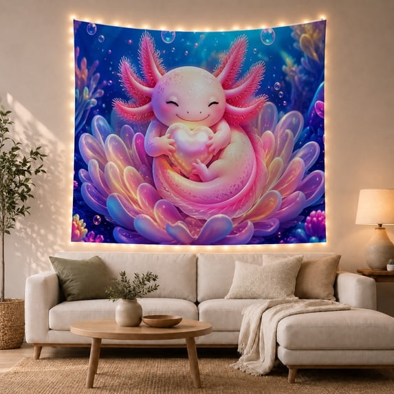 Pink Axolotl Within a Glowing Lotus Flower, Dreamy Digital Art for Fantasy Fans, Heart Wall Art, Valentine's Day Gift, Tapestry Wall Hanging for Bedroom and Dorm