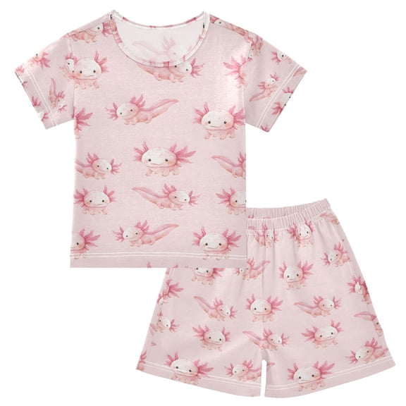 Pink Axolotls Illustrat Pattern Summer Pajama Set Soft Cotton Short Sleeve Sleepwear 2PCS Pajama Sets Breathable Lounge Set Size 5Y