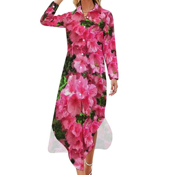 Pink Azalea Bush Long Sleeved Shirt Dress dress party evening elegant luxury celebrity Long dress