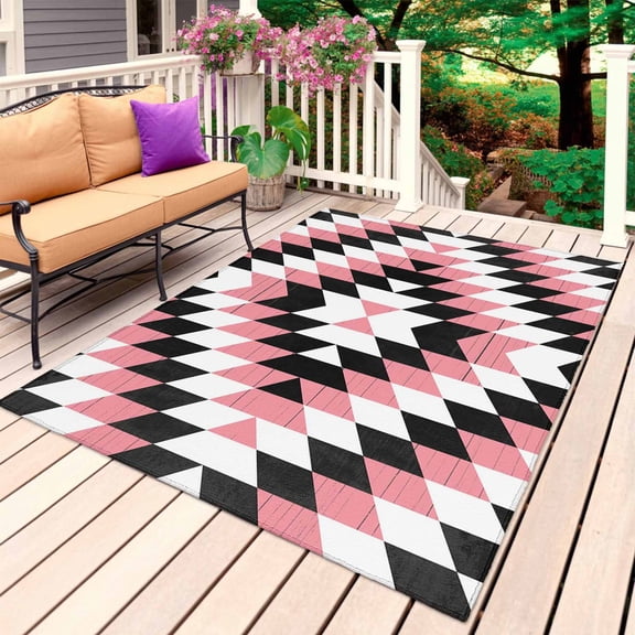 Pink Aztec Outdoor Rug for Patio/Deck/Porch, Non-Slip Large Area Rug 6 x 9 Ft, Black White Southwest Retro Geometric Ethnic Indoor Outdoor Rugs Washable Area Rugs, Camping Rug Carpet Runner