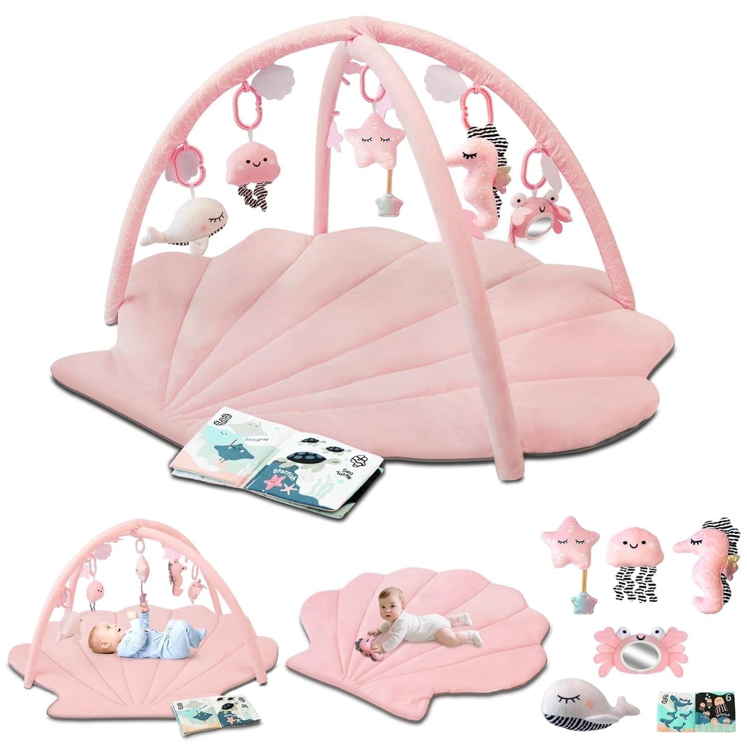 Baby Play Gym Mat, Oversize Tummy Time Activity Mat with 6 Detachable Toys for Infant 0-12 Months Sensory Exploration Skill Development,Pink