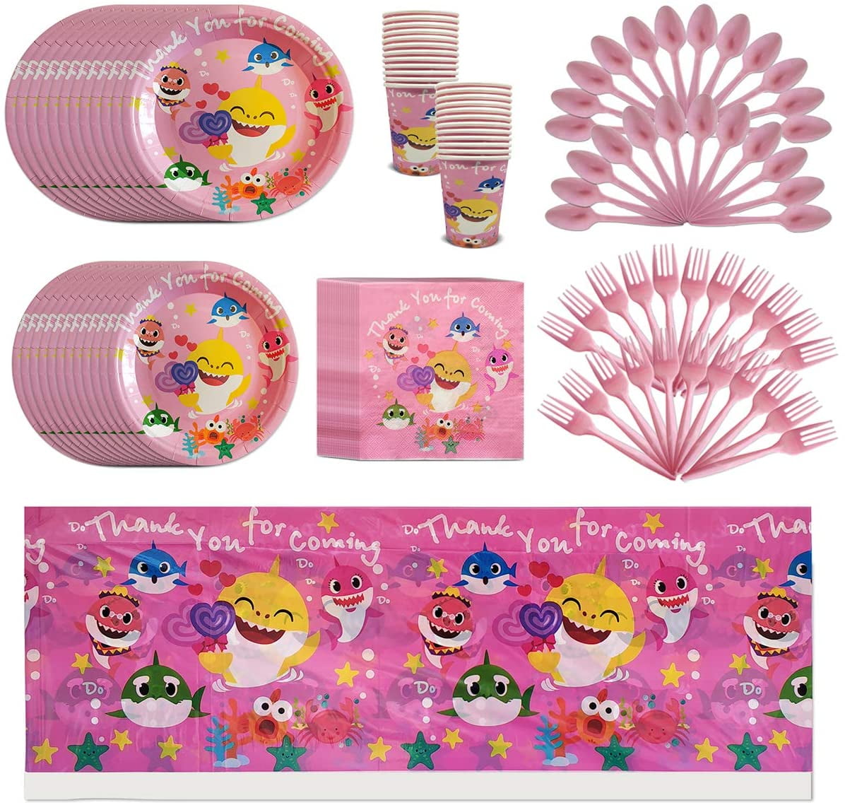 Pink Baby Shark Party Supply 20 Serve Pink Plates Cup Table cover Tableware  for Girl Birthday Decorations (121 Pc) 