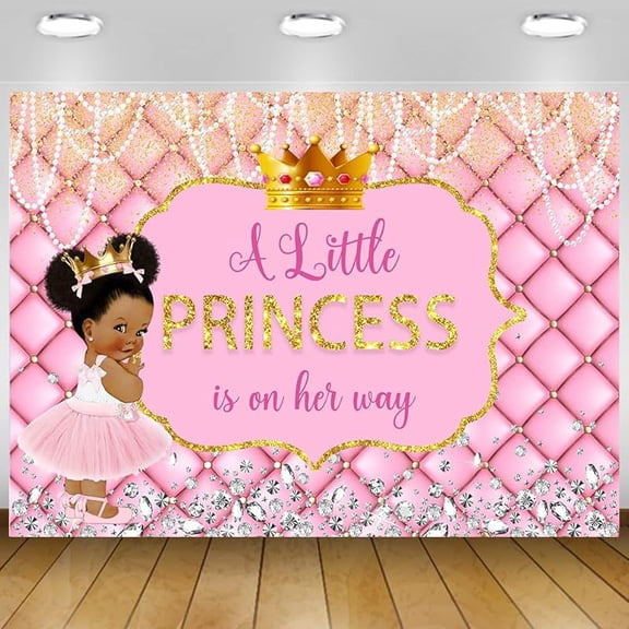 Pink Baby Shower Backdrop for Girl A Little Princess is on Her Way Photography Background Golden Crown Diamond Baby Shower Party Decorations Banner Photo Booth Props