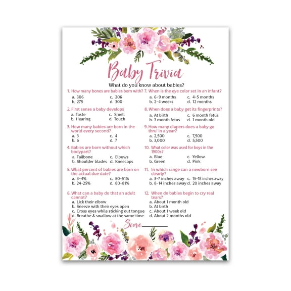 Pink Baby Trivia Games  Floral Baby Shower Game  25 Guests  Fun Baby Facts Games, Girl Floral Flowers, Baby Shower Activity, Garden Shower G140-TRV-1
