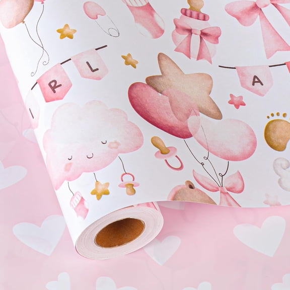 Pink Baby Wrapping Paper, Kid Gift Wrapping Papers, Adorable Pink Bear, Cloud, Balloon and Bow Pattern Baby Shower Wrapping Paper for Girl 1st Birthday, Party Celebrations(17 In X 33 Ft)