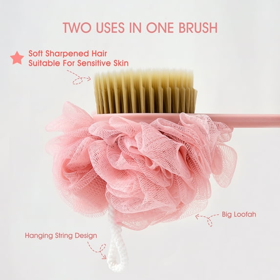 Pink Back Brush Long Handle for Shower Body Brush with Bristles and Loofah 2 in 1 Bath Sponge BSROLUNA