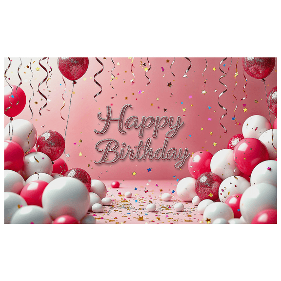 Pink Backdrop Banner with Happy Birthday Text Balloons Stars and Confetti Birthday Party Decoration Photography Props Party Supplies Decor Background