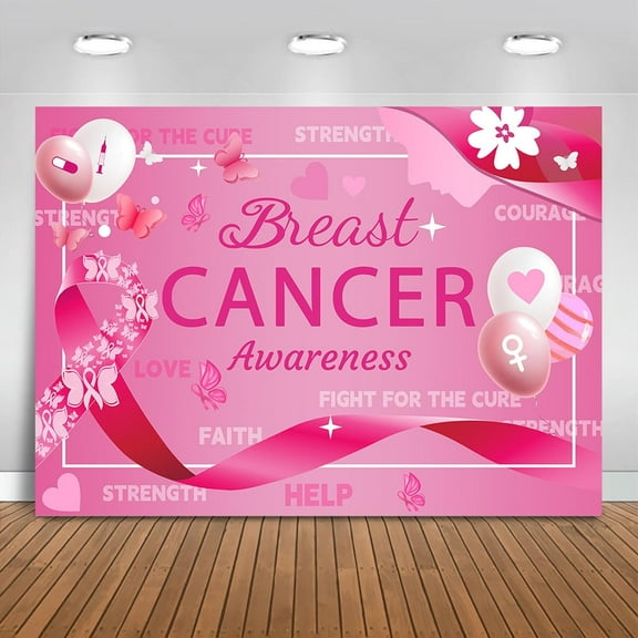 Pink Backdrop Breast Cancer Awareness Backdrop Banner Pink Ribbon Breast Cancer Decorations Hope Faith Strength Courage Background for Photography Walk Charity Party Supplies