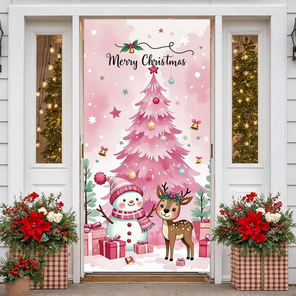 Pink Background Christmas Banner Snowman Design Merry Christmas Banner Christmas Tree Pattern Plaid Pattern Snowman Banner for Christmas Party Indoor Decoration Holiday Celebration