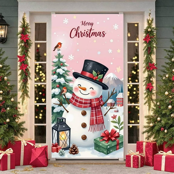 Pink Background Christmas Banner Snowman Design Merry Christmas Banner Christmas Tree Pattern Plaid Pattern Snowman Banner for Christmas Party Indoor Decoration Holiday Celebration