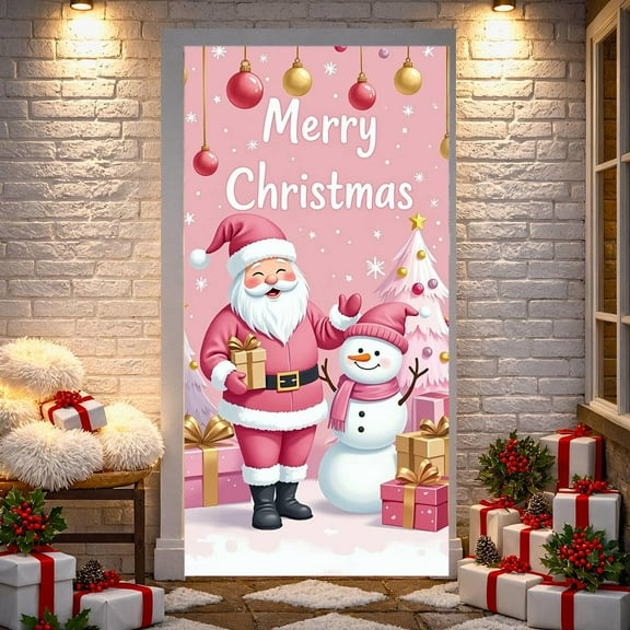 Pink Background Christmas Banner Snowman Design Merry Christmas Banner Christmas Tree Pattern Plaid Pattern Snowman Banner for Christmas Party Indoor Decoration Holiday Celebration