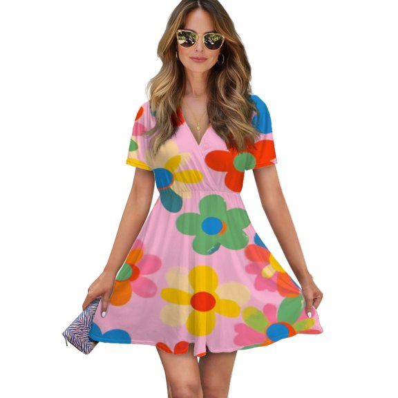 Pink Background Colorful Flower Power Women Dress V-Neck Short Sleeve Flowy Swing Party Midi Dress