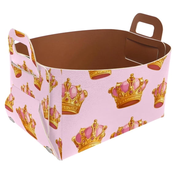 Pink Background Crown Storage Basket Collapsible Storage Bin, PU Foldable Basket Convenient Box Storage Organizer with Handles for Shelves Office Bedroom Closet Nursery Toys Laundry