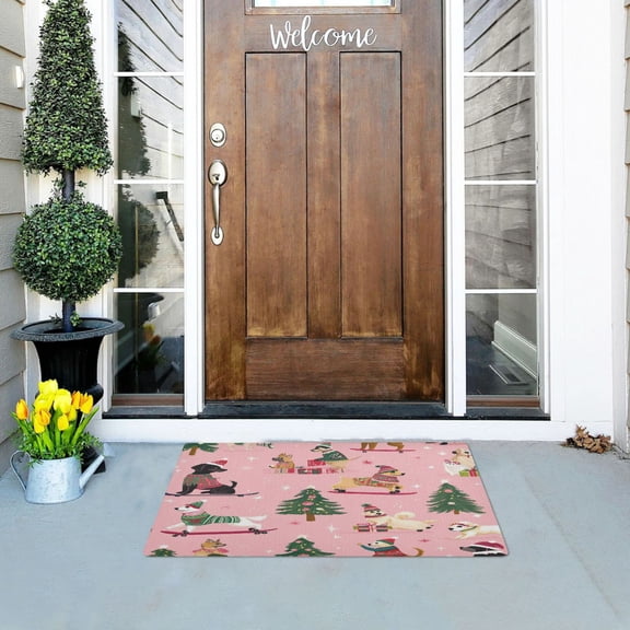 A Pink Background with Dogs in Christmas Costumes Highly Absorbent Polyester Doormat Anti-slip Anti-fouling Indoor Outdoor Entrance Welcome Mat 3220in.