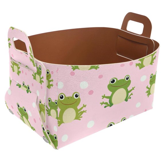 Pink Background Frogs Storage Basket Collapsible Storage Bin, PU Foldable Basket Convenient Box Storage Organizer with Handles for Shelves Office Bedroom Closet Nursery Toys Laundry
