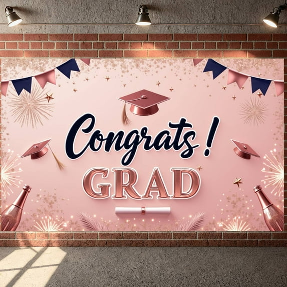 Pink Background Graduation Banner Gold Decorations Grad Display Graduation Cap Fireworks Graduation Backdrop for Graduation Party Graduation Ceremony Photo Shoot