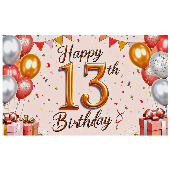 Pink Background Happy 13th Birthday Banner with Balloons Confetti and Presents Party Supplies Backdrop Decor for Photography Props Birthday Party Decors