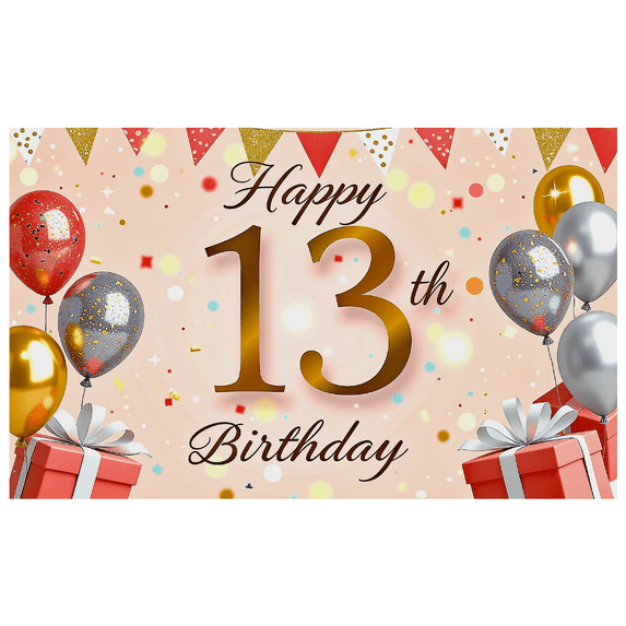 Pink Background Happy 13th Birthday Banner with Balloons Confetti and Presents Party Supplies Backdrop Decor for Photography Props Birthday Party Decors