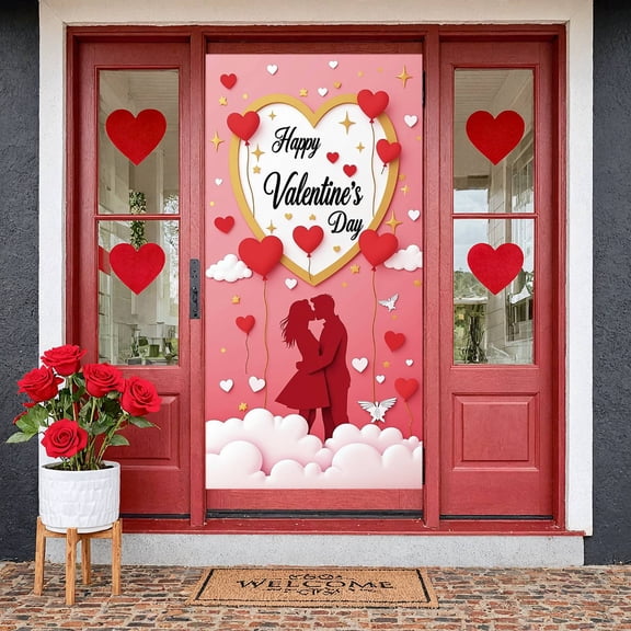 Pink Background Happy Valentine's Day Banner Red Heart Balloons Romantic Backdrop Gold Stars Couple Love Theme Background for Valentine's Day Party Couples Celebration Romantic Date