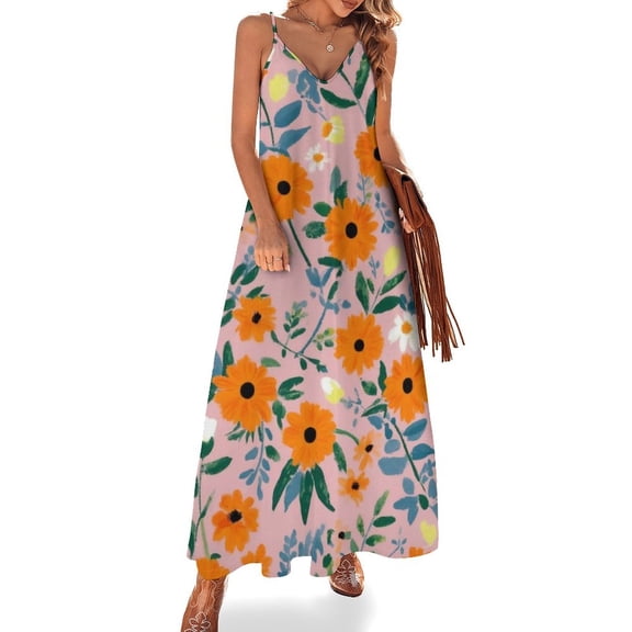 Pink Background Orange Floral Pattern Sleeveless Dress Women's Evening Dress Womans Clothing