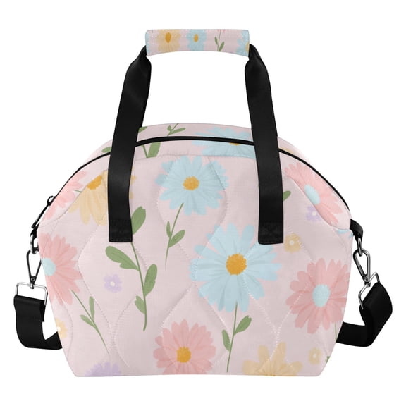 Pink Background Pastel Flowers Insulated Lunch Bag Reusable Quilted Lunch Box Waterproof Leakproof Lunch Container