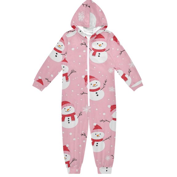 Pink Background Snowmen Snowflakes Boys & Girls Hooded One-Piece Pajamas Warm Crystal velvet Hooded Long Sleeve Loungewear Jumpsuit Unisex