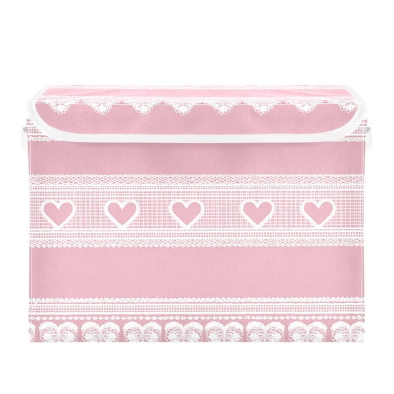 Pink Background White Lace Border Hearts Valentine Foldable Storage Bins with Lids Handles Collapsible Storage Containers Tote Boxes 16.5 x 12.6 x 11.8 inches
