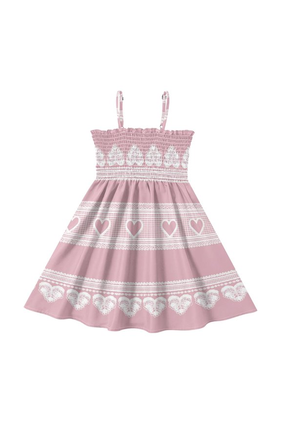 Pink Background White Lace Border Hearts Valentine Girl's Adjustable Cami Dress Casual Sundress Smocked Ruffle A-Line 2T