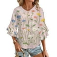 thumbnail image 1 of Pink Background Wildflower Meadow Blooms Women's V-Neck Blouse With 3/4 Ruffled Bell Sleeves Casual Top Ladies Blouses, 1 of 7
