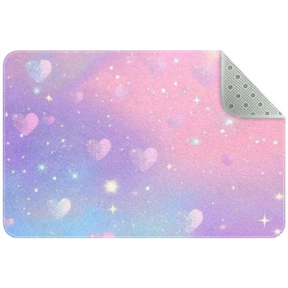 Pink Background with Stars and Hearts Small Area Rug, Non-Slip Door Mat Indoor Floor Mat, Washable Kitchen Rug Entrance DMat for Bedroom Living Room