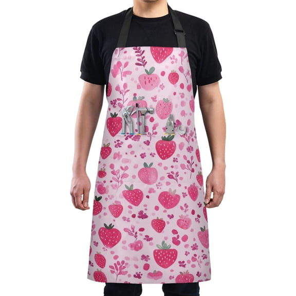 Pink Background with Strawberries Chef Kitchen Apron with Pockets for Women Waterproof Aprons for Cooking Baking