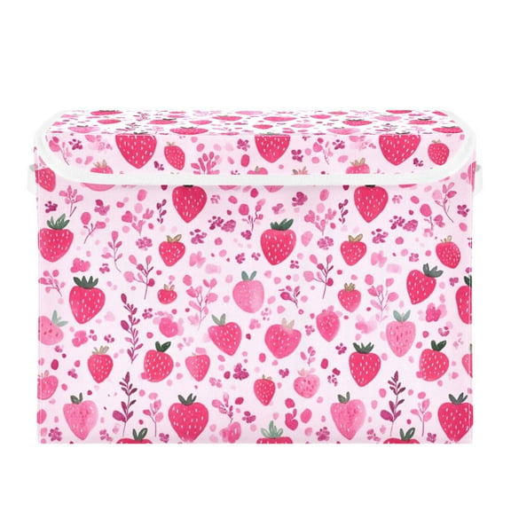 Pink Background with Strawberries Large Storage Bins with Linen Collapsible Lid Storage Box 16.7 x 12.6 x 11.8in