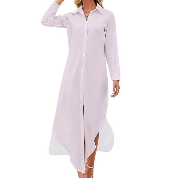 Pink Background with White Polka Dots Shirt Dress Long Sleeve Street Fashion V Neck Oversized Casual Dress Women Evening Dress